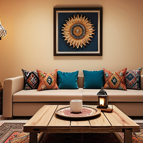 Home 23 **A cozy, small living room in a modern Arab home. Focus on multi-functional furniture: a stylish coffee table that transforms into a dining table is the main feature. Add warm, inviting lighting, perhaps from a decorative lantern or string lights. Include some traditional Arab decor elements like patterned cushions or a small rug.**