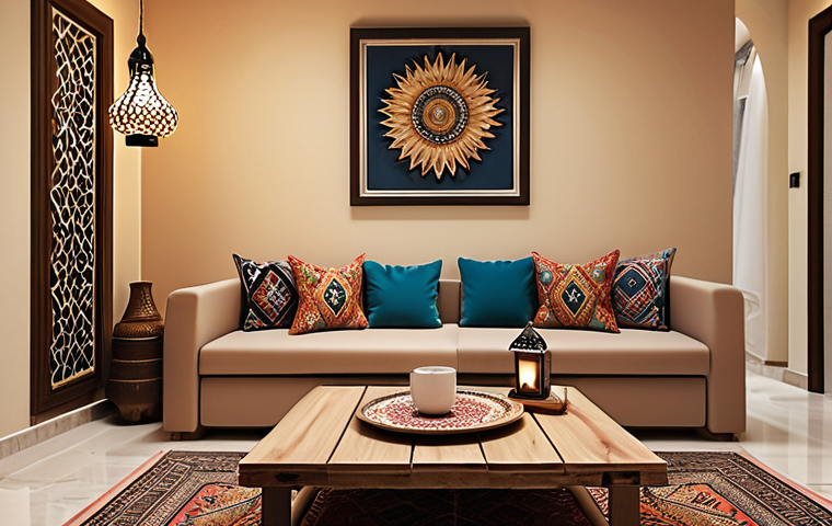 **A cozy, small living room in a modern Arab home. Focus on multi-functional furniture: a stylish coffee table that transforms into a dining table is the main feature. Add warm, inviting lighting, perhaps from a decorative lantern or string lights. Include some traditional Arab decor elements like patterned cushions or a small rug.**