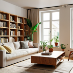 Prompt 1:** An elegant and light-filled small living room transformed into a functional oasis. The space features tall, integrated wall shelving from floor to ceiling, artfully displaying books and vibrant potted and cascading indoor plants. A comfortable, versatile sofa-bed anchors the room, accompanied by nesting tables. Large windows with sheer, flowing curtains allow abundant natural light, enhancing the sense of spaciousness and tranquility. The aesthetic is clean, modern minimalist with a touch of organic warmth, embodying efficiency and serenity. High detail, ambient lighting, realistic.