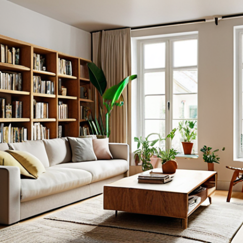 Home 22 Prompt 1:** An elegant and light-filled small living room transformed into a functional oasis. The space features tall, integrated wall shelving from floor to ceiling, artfully displaying books and vibrant potted and cascading indoor plants. A comfortable, versatile sofa-bed anchors the room, accompanied by nesting tables. Large windows with sheer, flowing curtains allow abundant natural light, enhancing the sense of spaciousness and tranquility. The aesthetic is clean, modern minimalist with a touch of organic warmth, embodying efficiency and serenity. High detail, ambient lighting, realistic.