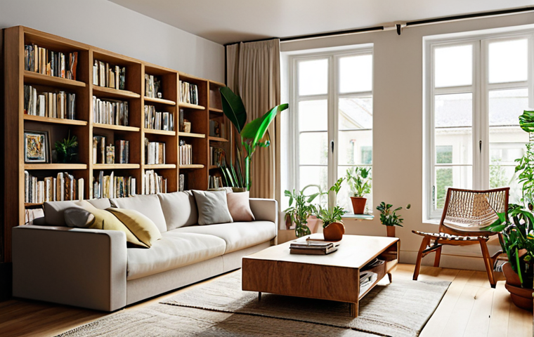 Prompt 1:** An elegant and light-filled small living room transformed into a functional oasis. The space features tall, integrated wall shelving from floor to ceiling, artfully displaying books and vibrant potted and cascading indoor plants. A comfortable, versatile sofa-bed anchors the room, accompanied by nesting tables. Large windows with sheer, flowing curtains allow abundant natural light, enhancing the sense of spaciousness and tranquility. The aesthetic is clean, modern minimalist with a touch of organic warmth, embodying efficiency and serenity. High detail, ambient lighting, realistic.