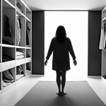 A deeply contrasting image depicting the transformative journey from overwhelming clutter to liberating simplicity. On one side, visualize a person, eyes wide with anxiety, almost drowning amidst an overflowing closet or mountains of unused possessions, the space feeling suffocating and desaturated, emphasizing emotional and physical weight. A subtle, luminous pathway or a ray of light cuts through this, leading to the other side of the image where the same person stands in an expansive, impeccably clean, and brightly lit minimalist space. Their posture is light and free, with a serene expression of profound calm and mental clarity, embodying a sense of shackles being lifted. The colors on this side are vibrant and refreshing, signifying freedom and renewed energy.