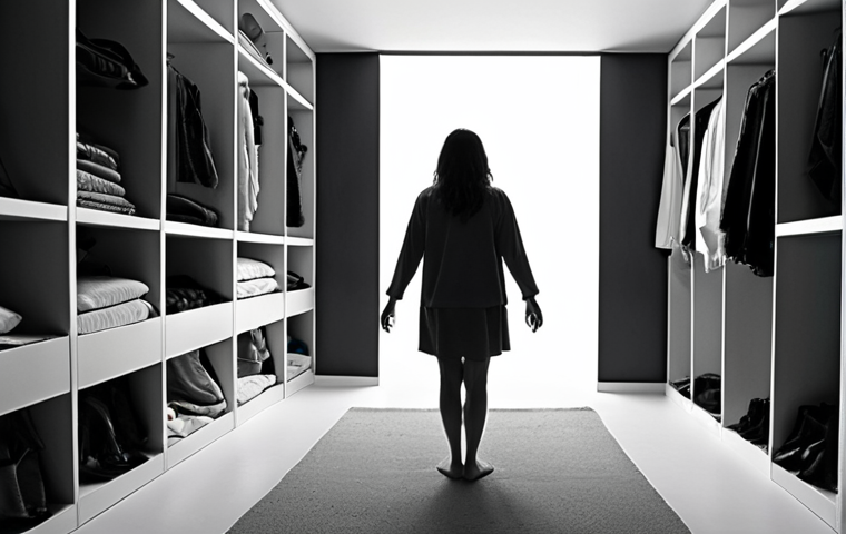 A deeply contrasting image depicting the transformative journey from overwhelming clutter to liberating simplicity. On one side, visualize a person, eyes wide with anxiety, almost drowning amidst an overflowing closet or mountains of unused possessions, the space feeling suffocating and desaturated, emphasizing emotional and physical weight. A subtle, luminous pathway or a ray of light cuts through this, leading to the other side of the image where the same person stands in an expansive, impeccably clean, and brightly lit minimalist space. Their posture is light and free, with a serene expression of profound calm and mental clarity, embodying a sense of shackles being lifted. The colors on this side are vibrant and refreshing, signifying freedom and renewed energy.