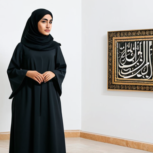 Home 9 A professional Arab artist, mid-30s, standing contemplatively in a modern, minimalist art gallery. She is fully clothed in a modest, contemporary abaya in a neutral tone, with a simple headscarf. The gallery features clean white walls and soft natural light, highlighting a large, abstract minimalist painting with a single, elegant line of Arabic calligraphy as its central element. The space is uncluttered, emphasizing negative space and a sense of calm. Professional photography, high quality, perfect anatomy, correct proportions, natural pose, well-formed hands, proper finger count, natural body proportions, safe for work, appropriate content, family-friendly.