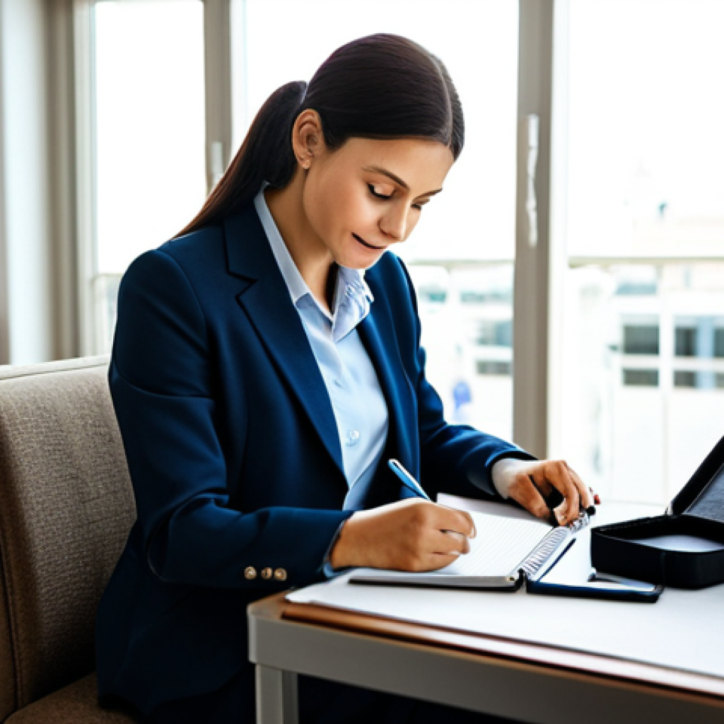 Smart Packing - Activity Planning**
"A professional woman in modest travel attire, sitting at a table with a travel guide and a notepad, planning activities for her trip. Suitcase slightly open in the background. Fully clothed, appropriate content, safe for work, professional, well-lit, clear focus, natural body proportions."
**