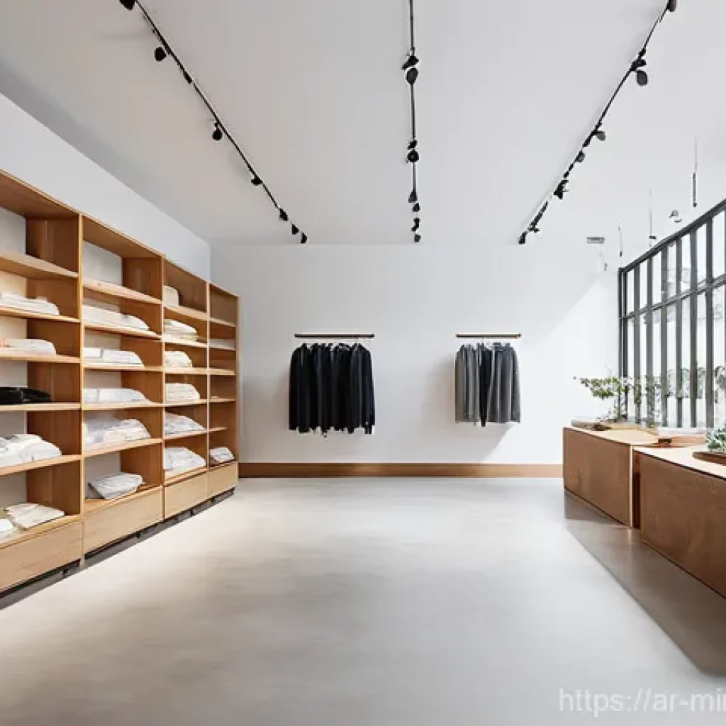 미니멀한 디자인의 상점 탐방기 - **Prompt:** A tranquil and spacious minimalist concept store interior, bathed in soft, natural sunli...