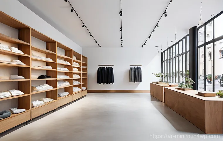 미니멀한 디자인의 상점 탐방기 - **Prompt:** A tranquil and spacious minimalist concept store interior, bathed in soft, natural sunli...