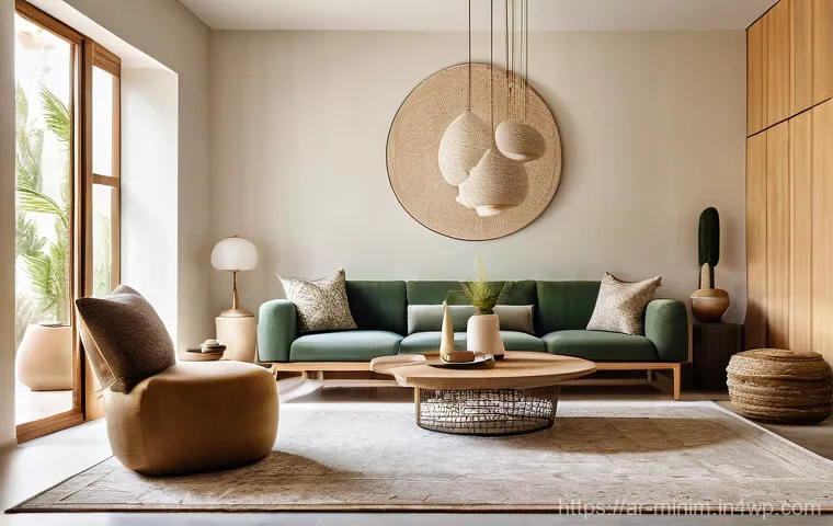 미니멀한 생활의 이점과 단점 비교 - **Prompt:** A serene and minimalist living room in a modern Arab home, bathed in soft, warm natural ...