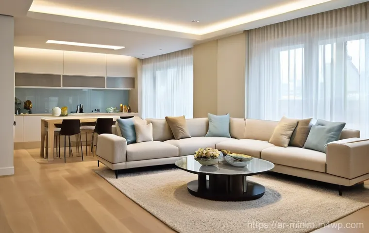 미니멀리즘을 위한 창의적 공간 활용법 - Image Prompt 1: Radiant Living Room with Visual Expansion**
