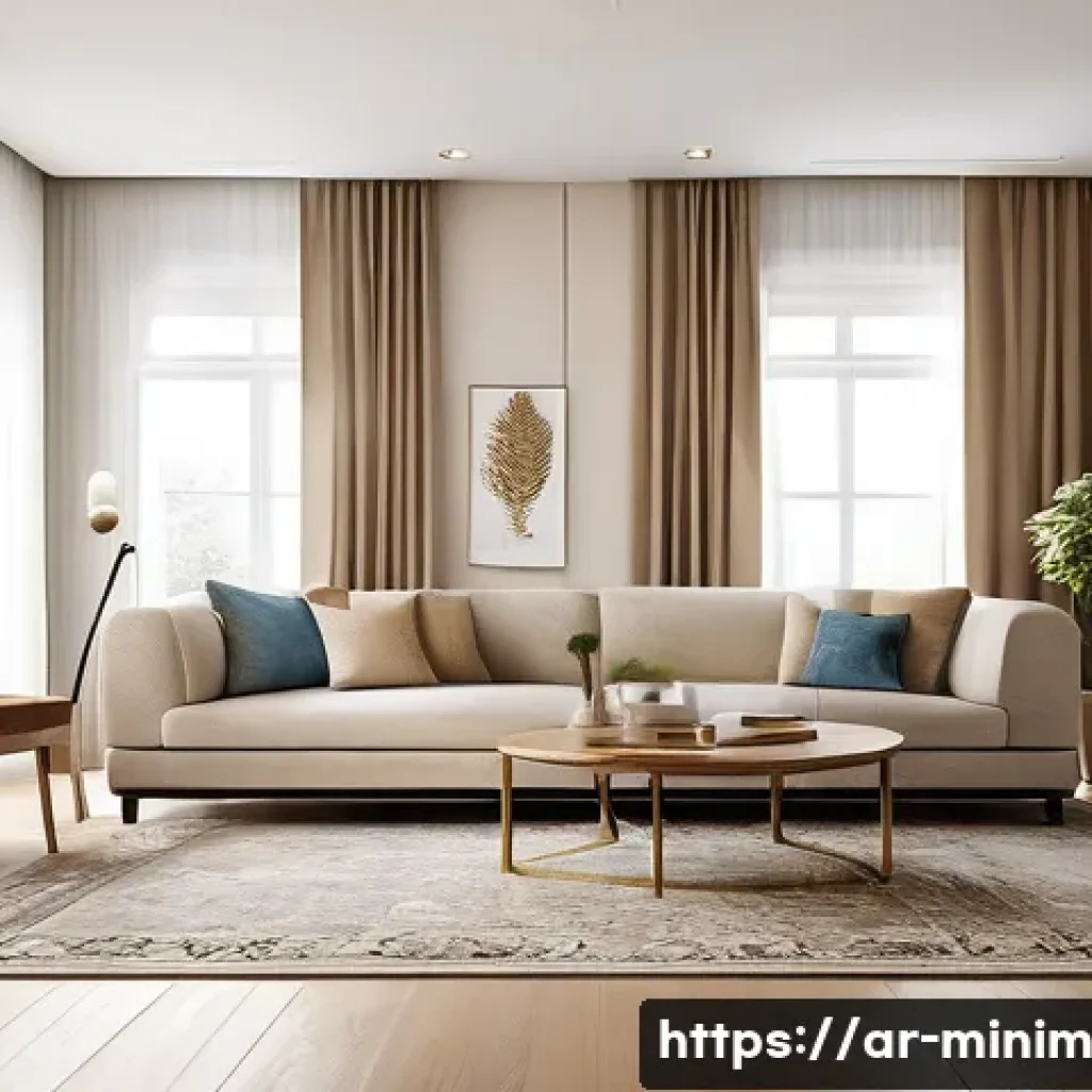 생활공간 미니멀리즘의 장점과 단점 - A modern minimalist living room designed for an Arabic family, featuring neutral tones like beige an...