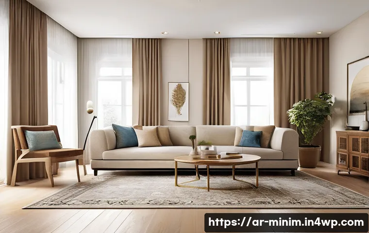 생활공간 미니멀리즘의 장점과 단점 - A modern minimalist living room designed for an Arabic family, featuring neutral tones like beige an...