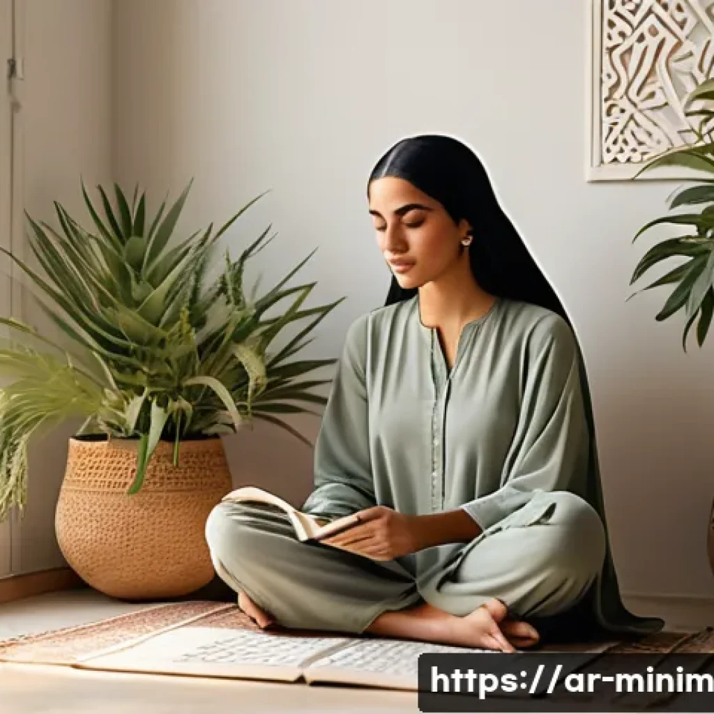 미니멀 트랜스포메이션을 위한 마인드셋 변화 - A serene Middle Eastern woman sitting peacefully in a minimalist, sunlit room adorned with tradition...
