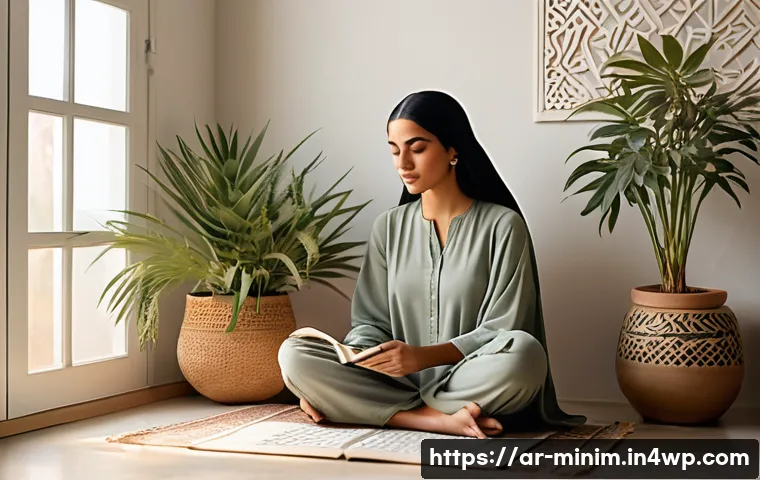 미니멀 트랜스포메이션을 위한 마인드셋 변화 - A serene Middle Eastern woman sitting peacefully in a minimalist, sunlit room adorned with tradition...