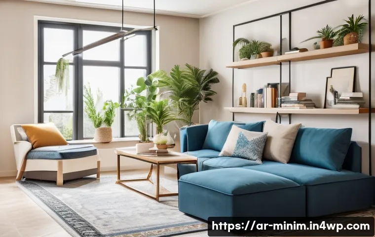 미니멀한 공간을 위한 절약 팁 - A modern Arabic-style living room featuring multi-functional furniture: a sleek sofa that converts i...
