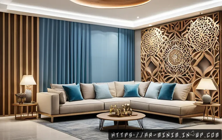 미니멀한 공간을 위한 아트 설치 아이디어 - A cozy modern living room interior featuring 3D wall art with layered wooden, fabric, and metal elem...