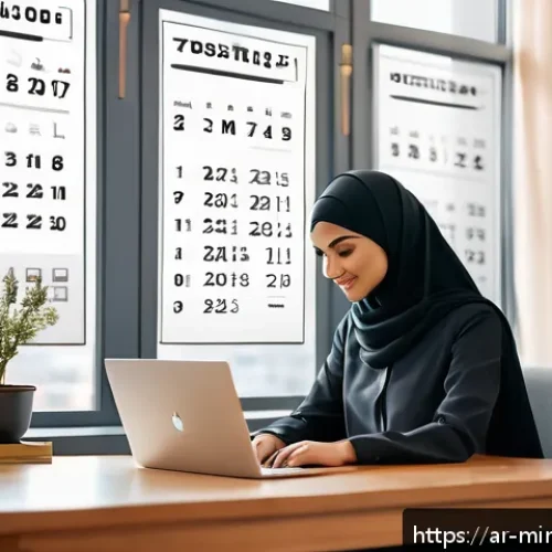 Home 31 미니멀 트랜스포메이션을 위한 일정 관리 팁 - A modern Arab home office scene during daylight, featuring a young Arab professional woman wearing m...