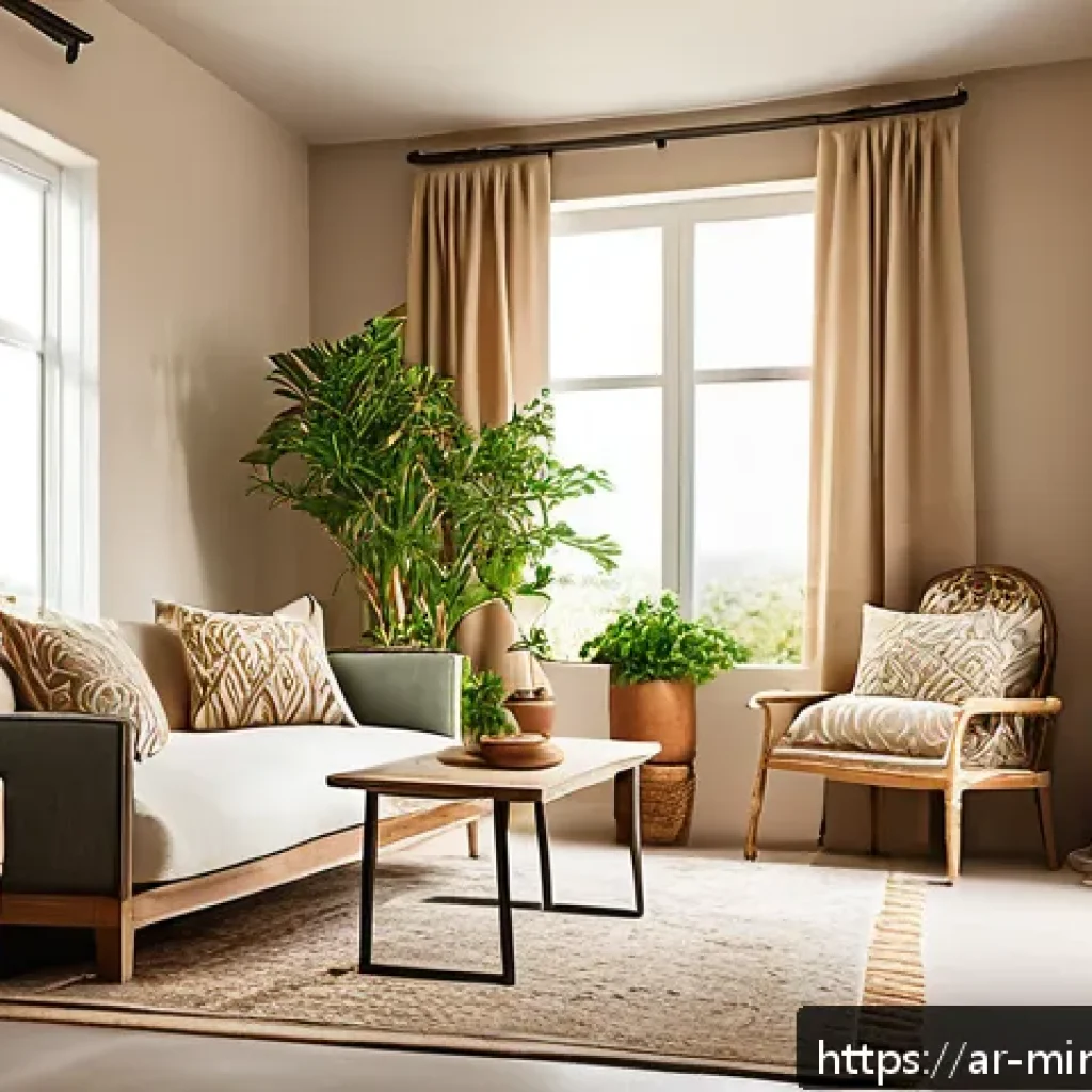 미니멀 트랜스포메이션을 위한 지속 가능한 제품 - A cozy, sunlit living room featuring furniture made from reclaimed wood with unique grain patterns a...