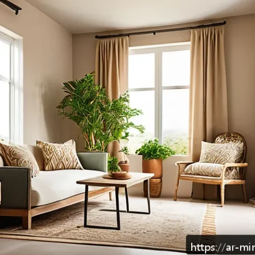 Home 30 미니멀 트랜스포메이션을 위한 지속 가능한 제품 - A cozy, sunlit living room featuring furniture made from reclaimed wood with unique grain patterns a...