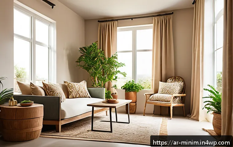 미니멀 트랜스포메이션을 위한 지속 가능한 제품 - A cozy, sunlit living room featuring furniture made from reclaimed wood with unique grain patterns a...