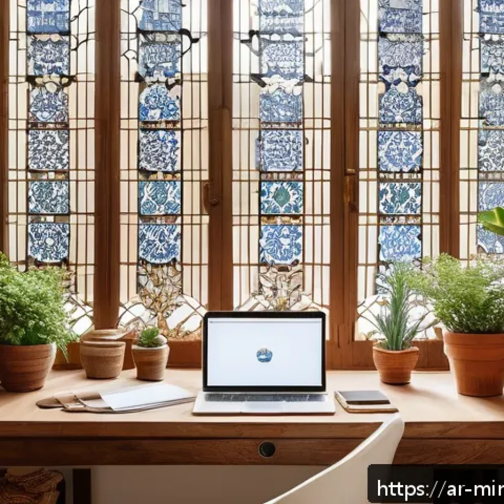 미니멀리즘을 통한 창의성 발휘하기 - A serene and organized modern Arabic home office bathed in warm natural light, featuring a clean woo...