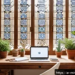 Home 23 미니멀리즘을 통한 창의성 발휘하기 - A serene and organized modern Arabic home office bathed in warm natural light, featuring a clean woo...