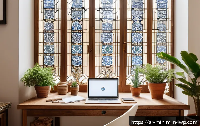 미니멀리즘을 통한 창의성 발휘하기 - A serene and organized modern Arabic home office bathed in warm natural light, featuring a clean woo...